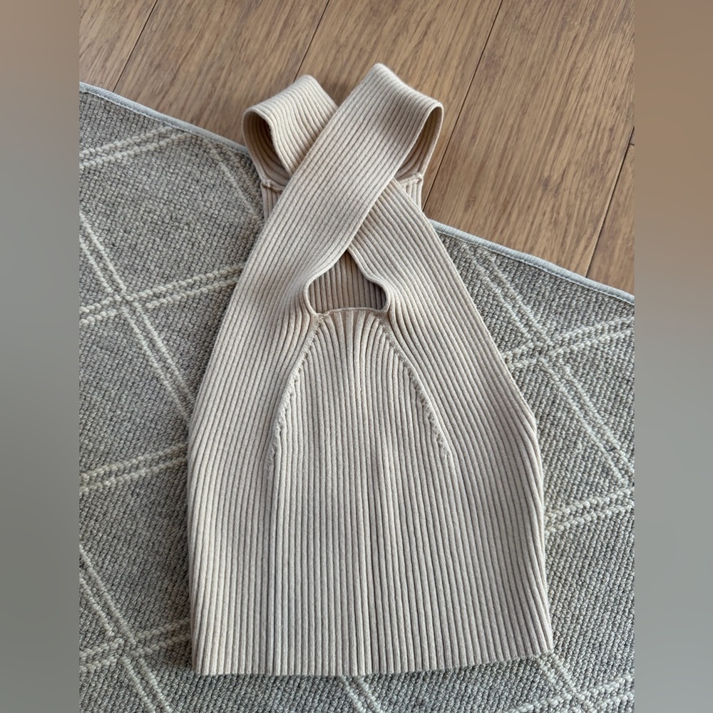 Beige Ribbed Knit Halter Top